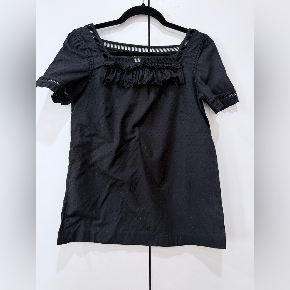 J Crew black lace-trim square neck babydoll Top Ruffle Short Sleeve Sz 2 Dainty